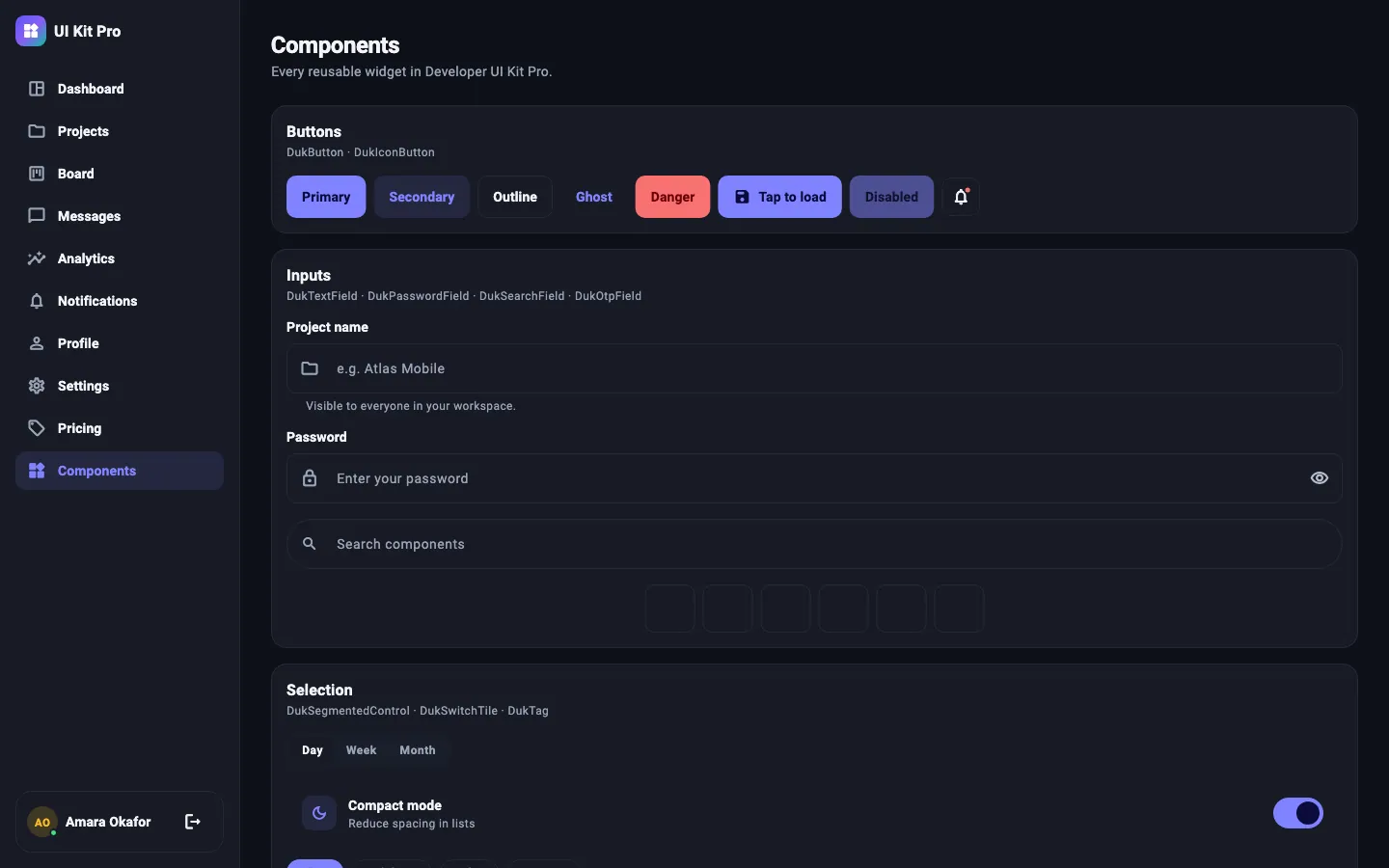 The showcase app's component gallery in the dark theme