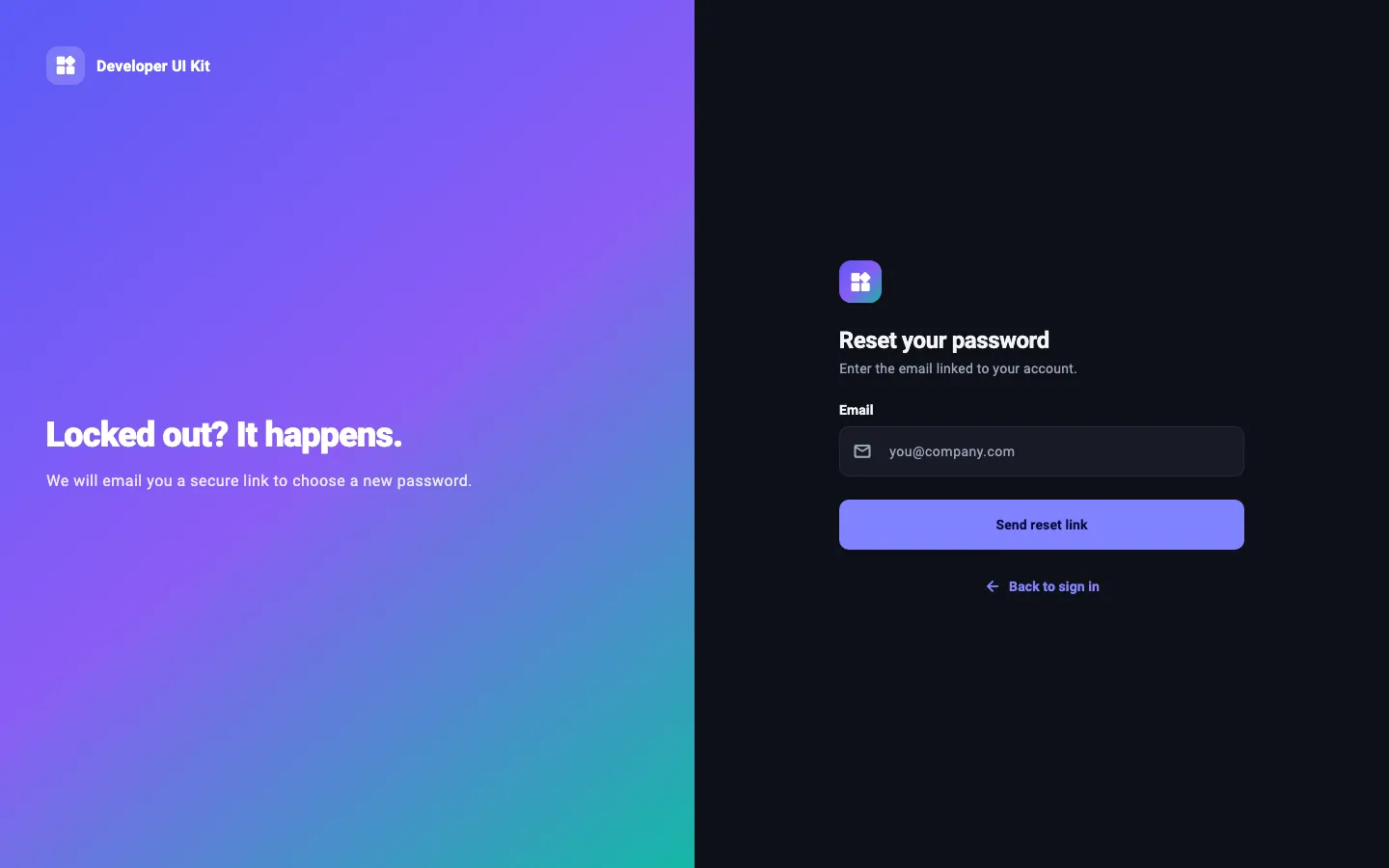 Forgot password screen, dark theme, desktop (1440 × 900) — rendered from the kit