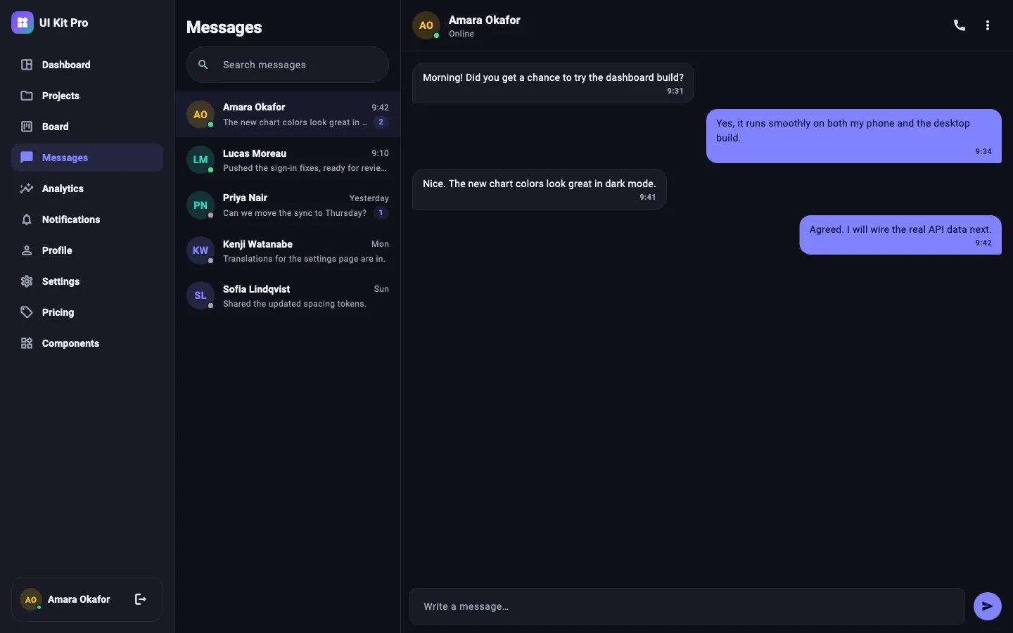 Messages screen, dark theme, desktop (1440 × 900) — rendered from the kit