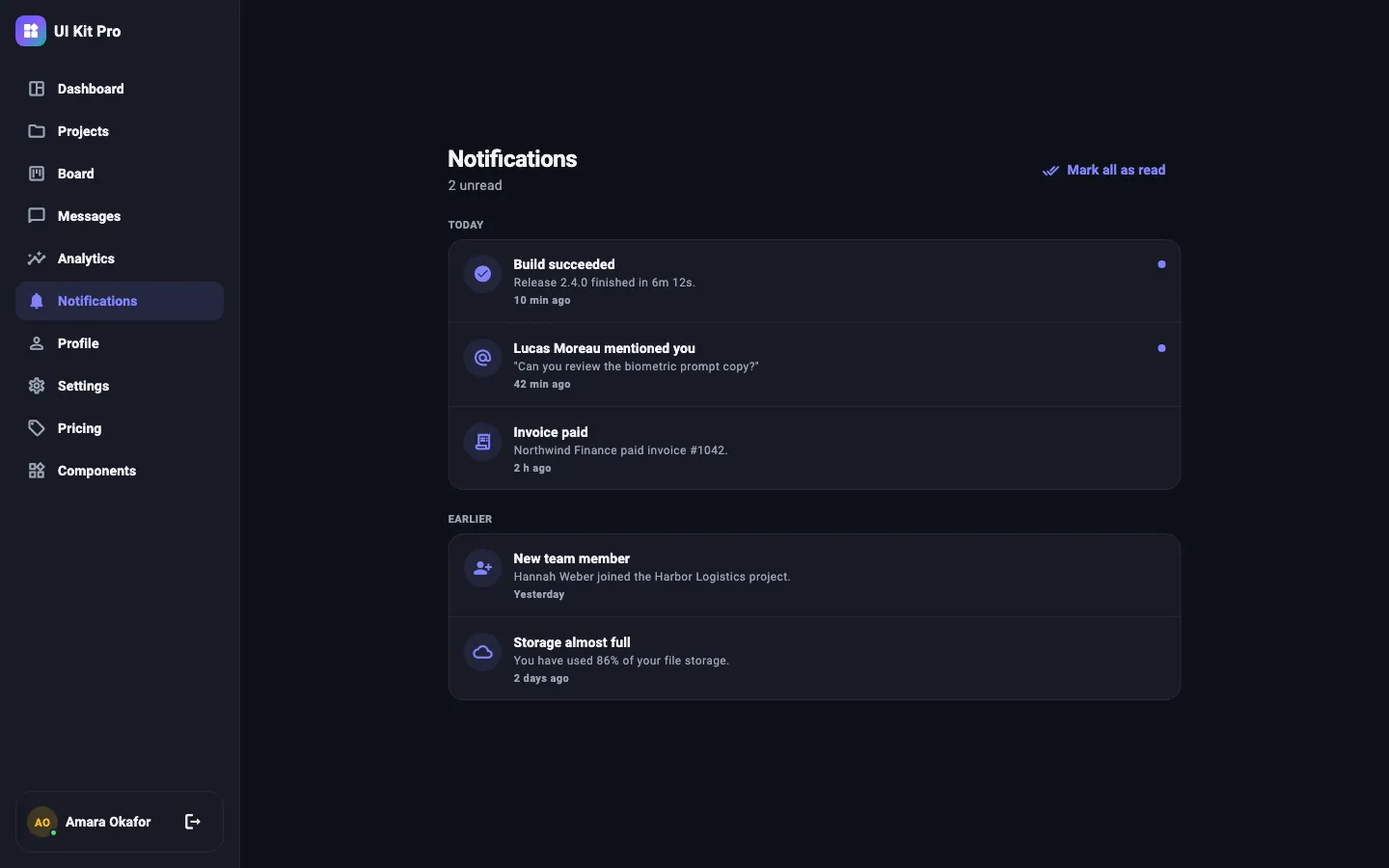 Notifications screen, dark theme, desktop (1440 × 900) — rendered from the kit