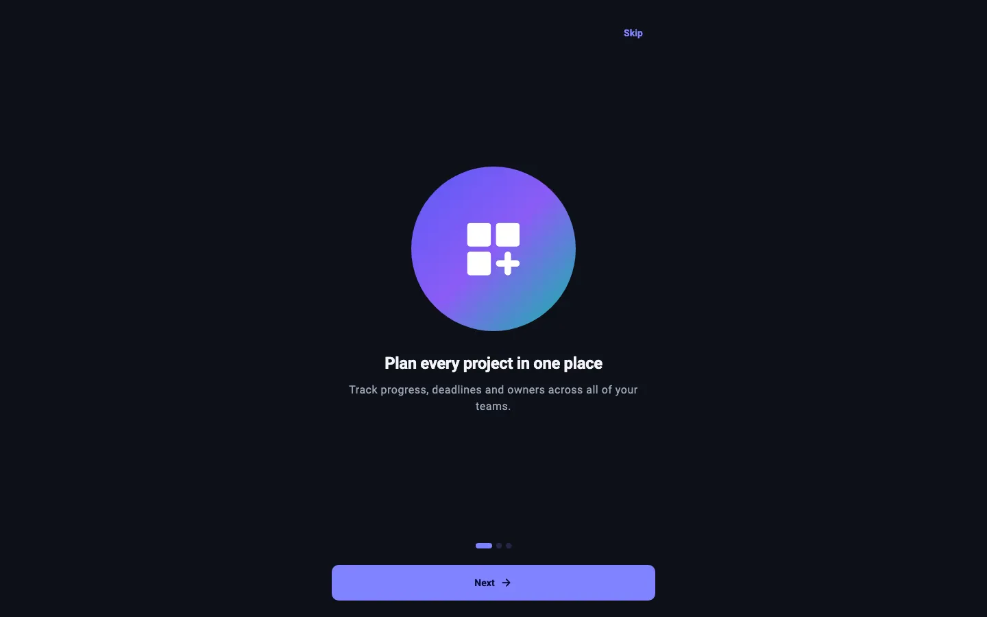 Onboarding screen, dark theme, desktop (1440 × 900) — rendered from the kit