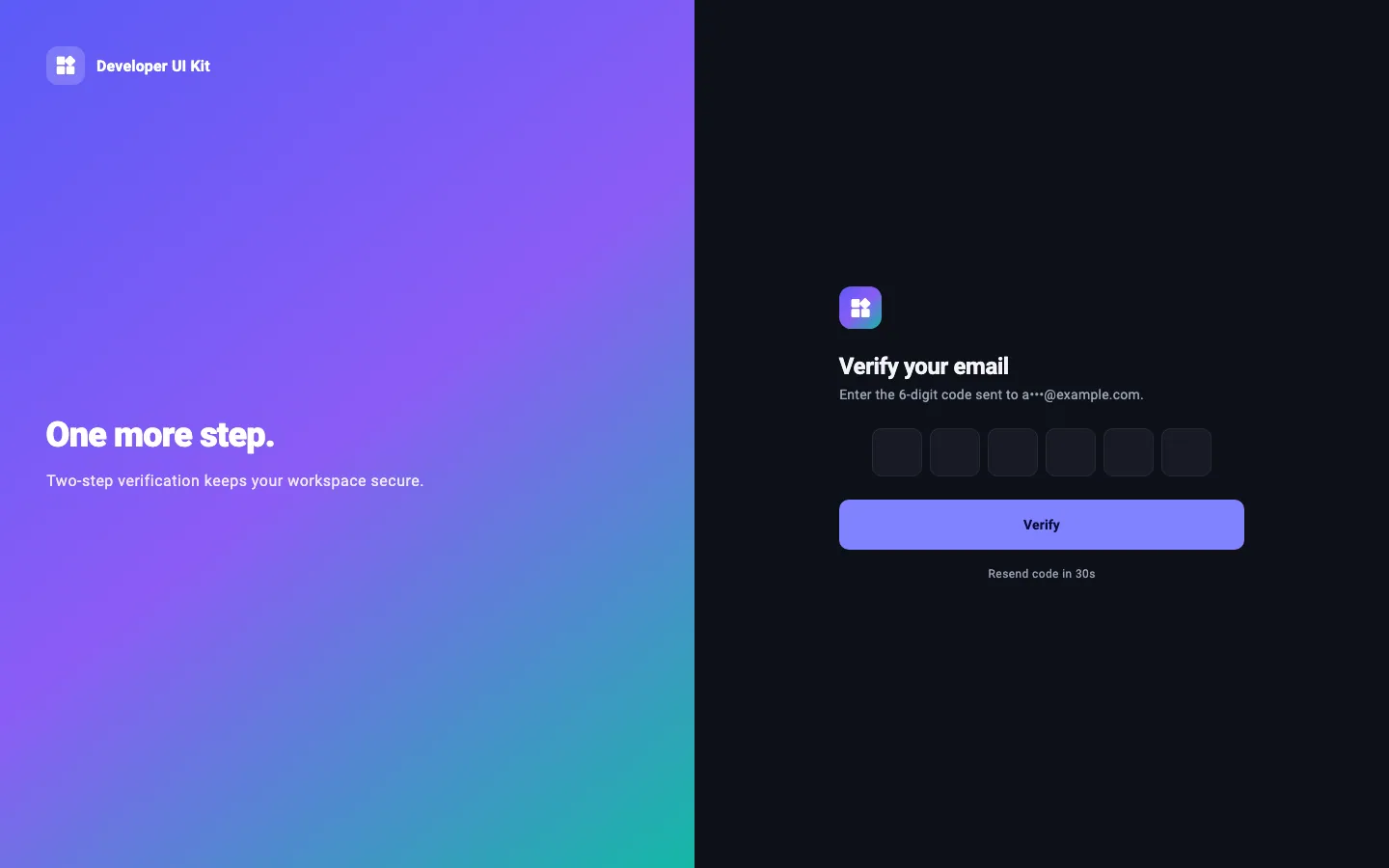 OTP verification screen, dark theme, desktop (1440 × 900) — rendered from the kit