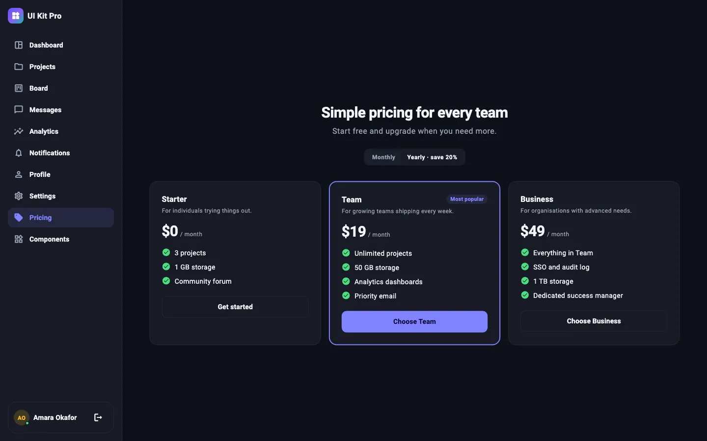 Pricing screen, dark theme, desktop (1440 × 900) — rendered from the kit