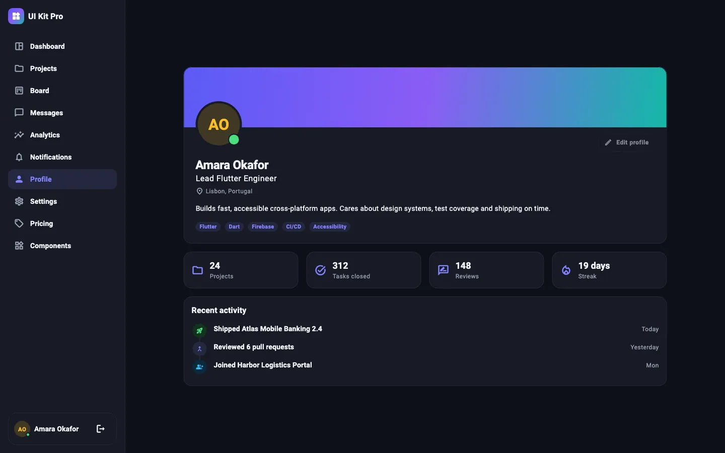 Profile screen, dark theme, desktop (1440 × 900) — rendered from the kit