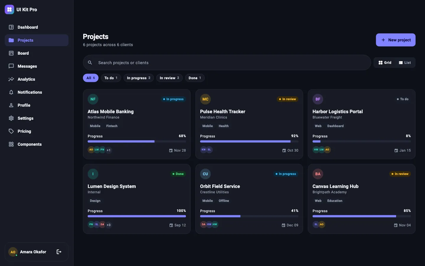 Projects screen, dark theme, desktop (1440 × 900) — rendered from the kit