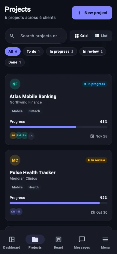 Projects screen, dark theme, phone (390 × 844) — rendered from the kit