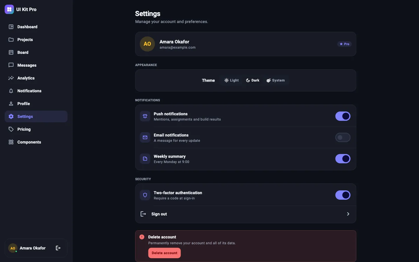 Settings screen, dark theme, desktop (1440 × 900) — rendered from the kit