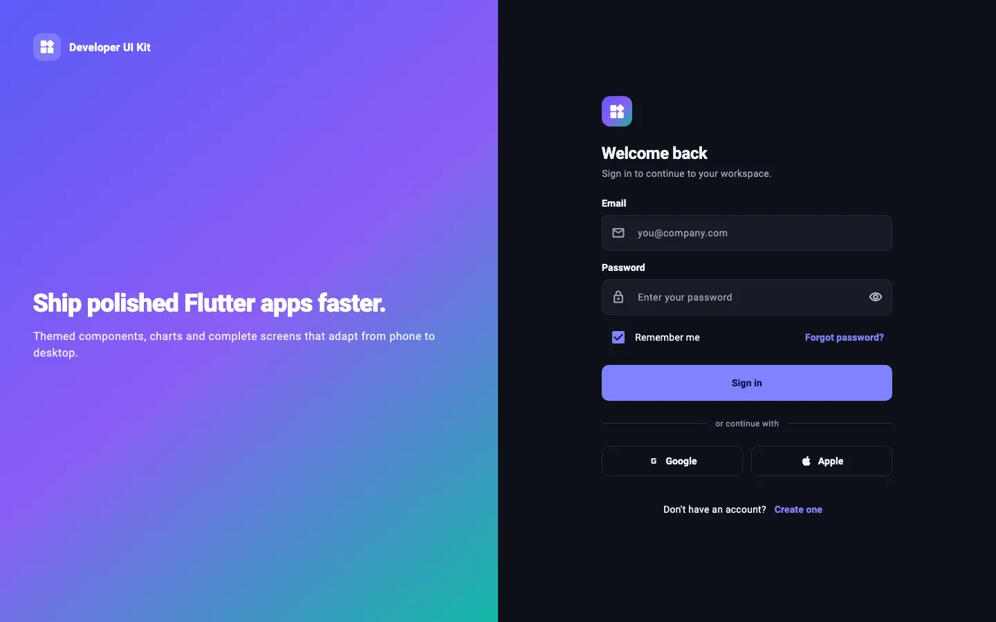 Sign in screen, dark theme, desktop (1440 × 900) — rendered from the kit