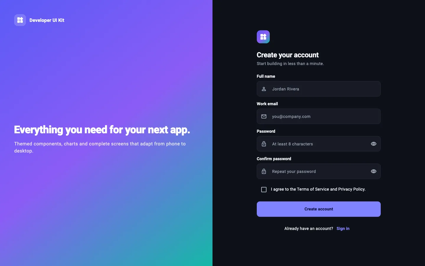 Sign up screen, dark theme, desktop (1440 × 900) — rendered from the kit