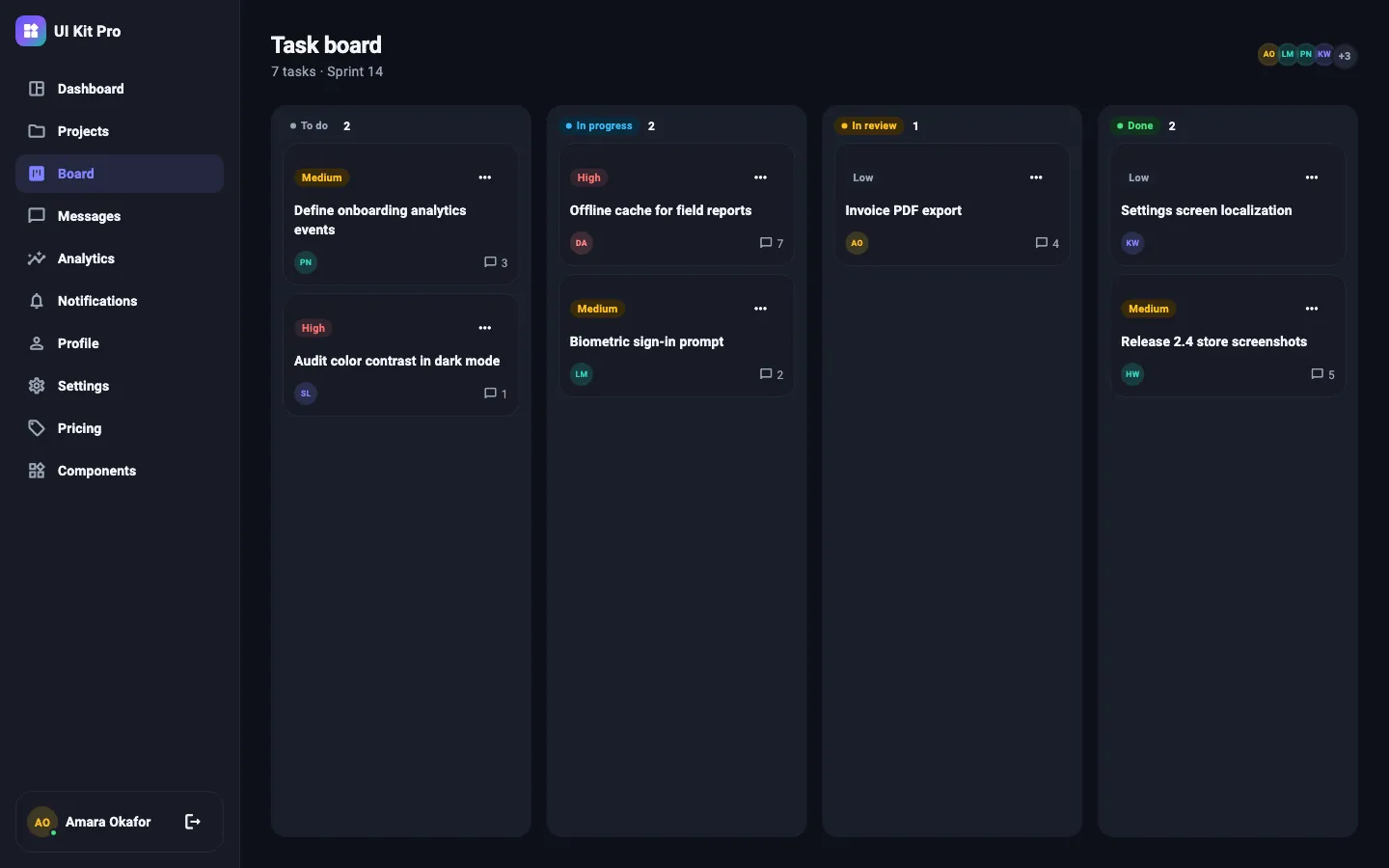 Task board screen, dark theme, desktop (1440 × 900) — rendered from the kit