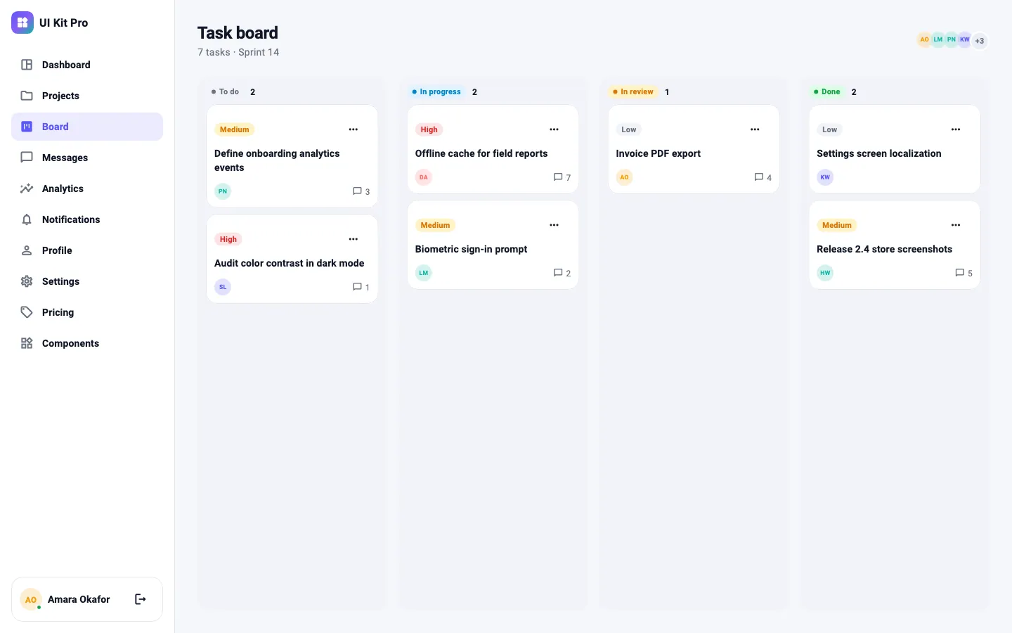 Task board screen in the light theme